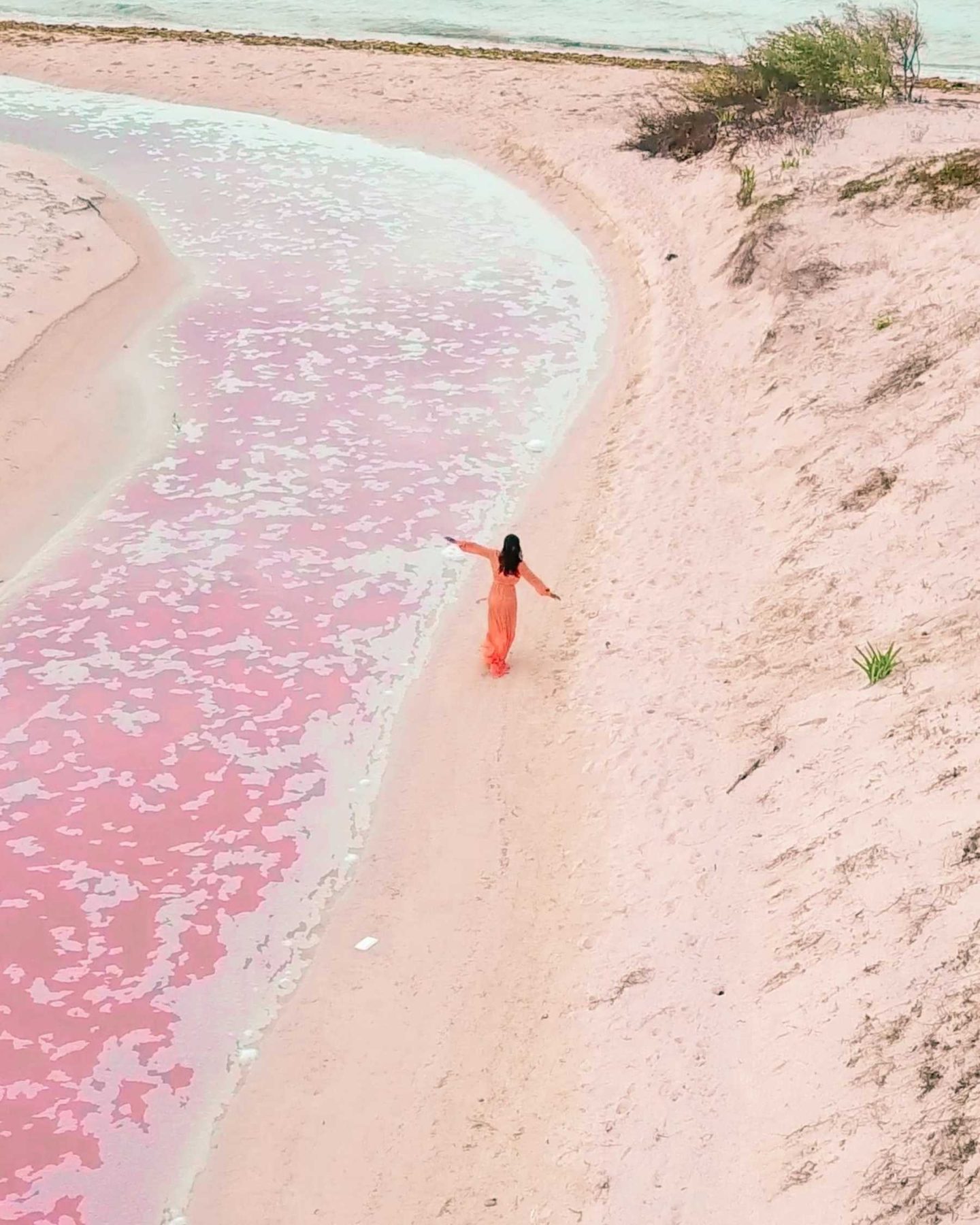 woman running alongside pink colored water at pink lakes of rio lagartos los coloradas
