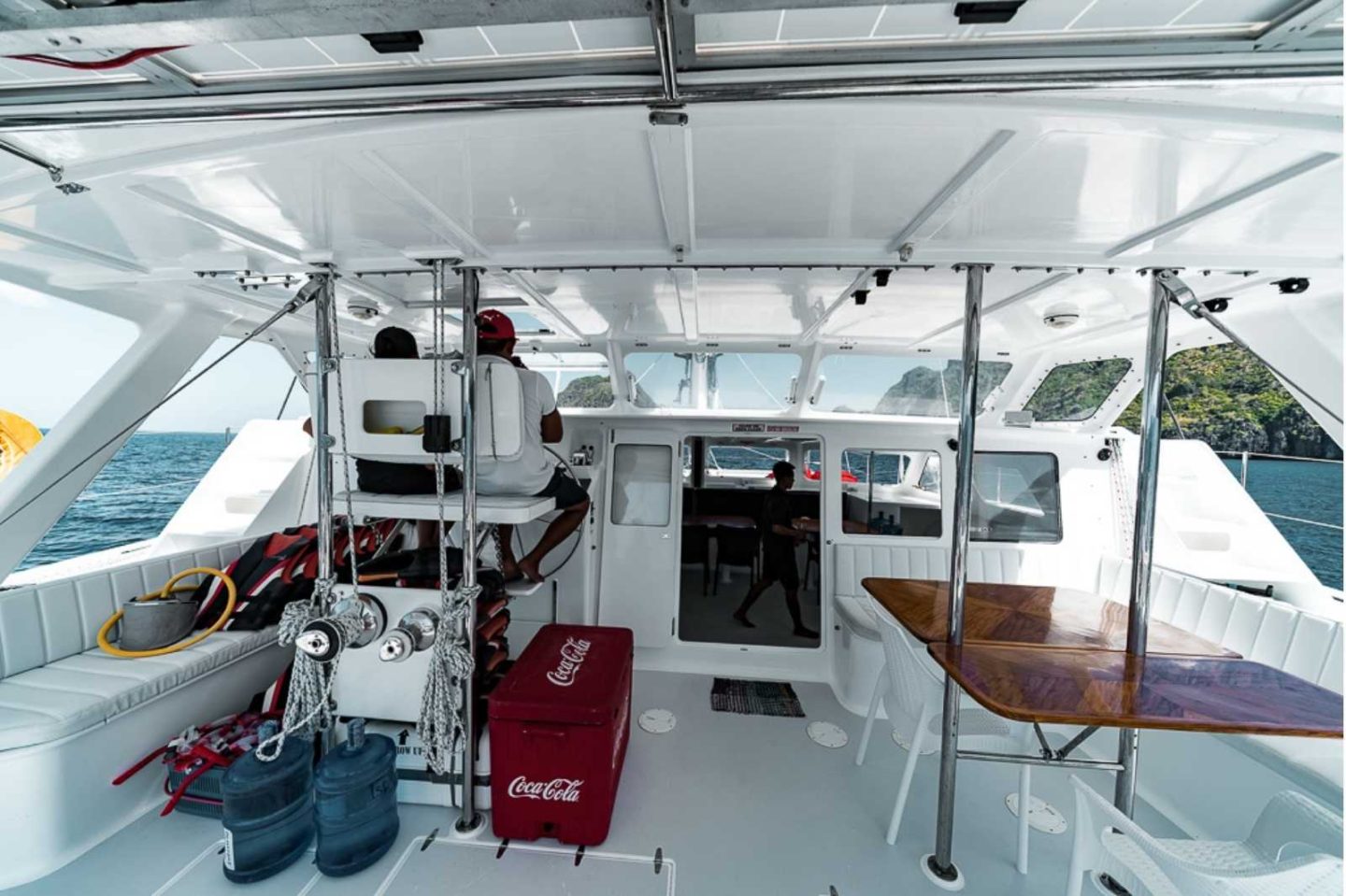 rear deck of a catamaran yacht inside look