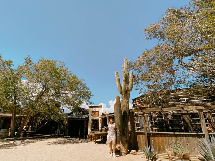 beautiful woman standing next to large cactus in pioneertown
