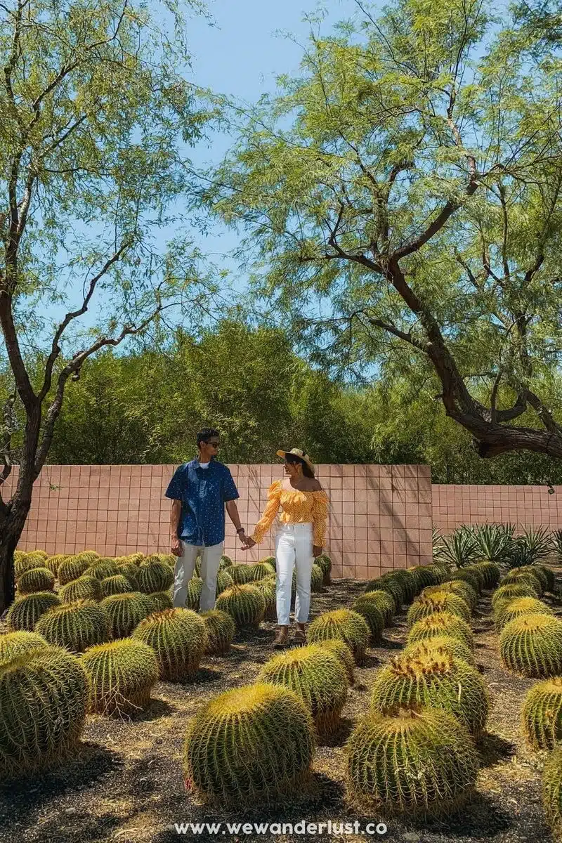 couple holding hands walking at sunnylands palm springs