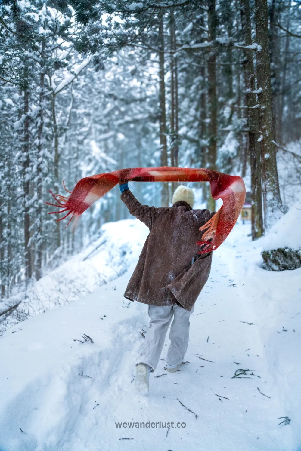 beautiful woman running in snow